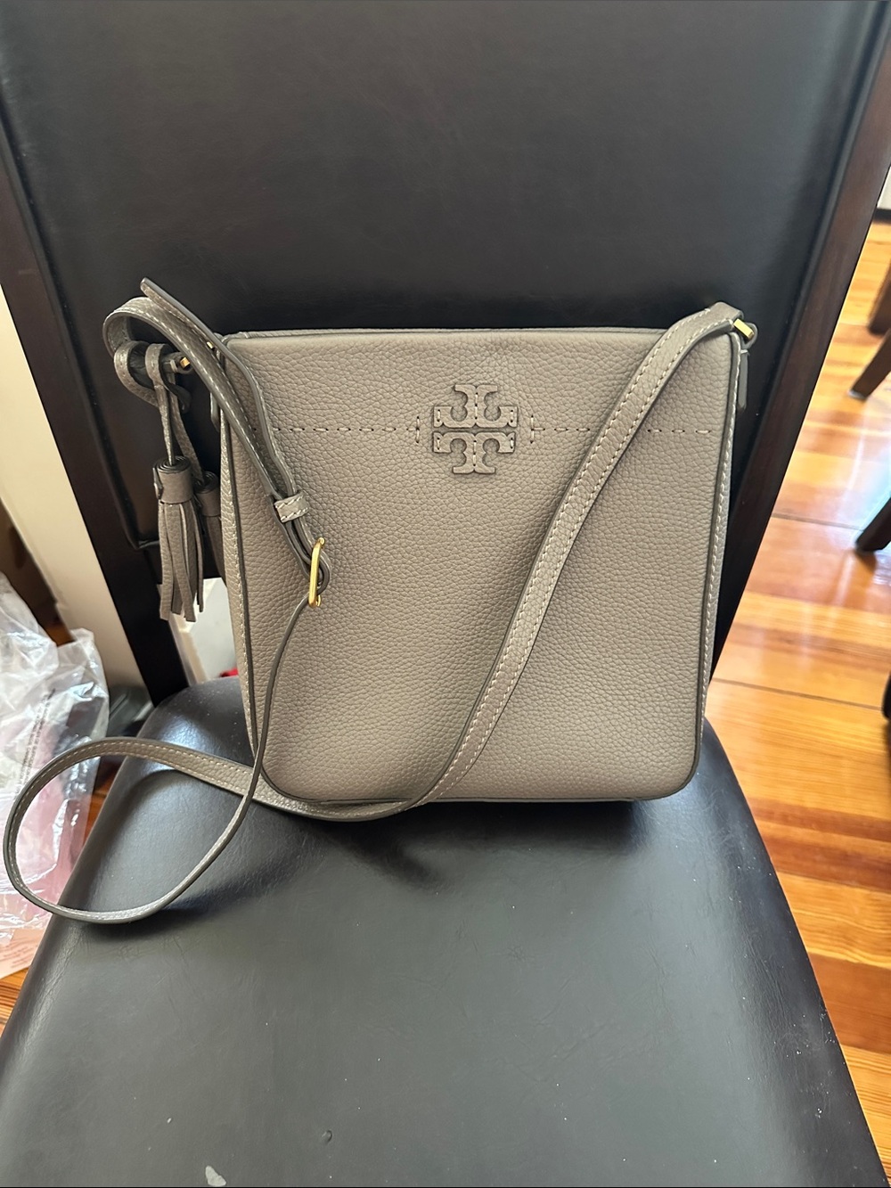 Tory Burch McGraw Pebbled Leather Crossbody with Tassel (Taupe) - Picture 1 of 14